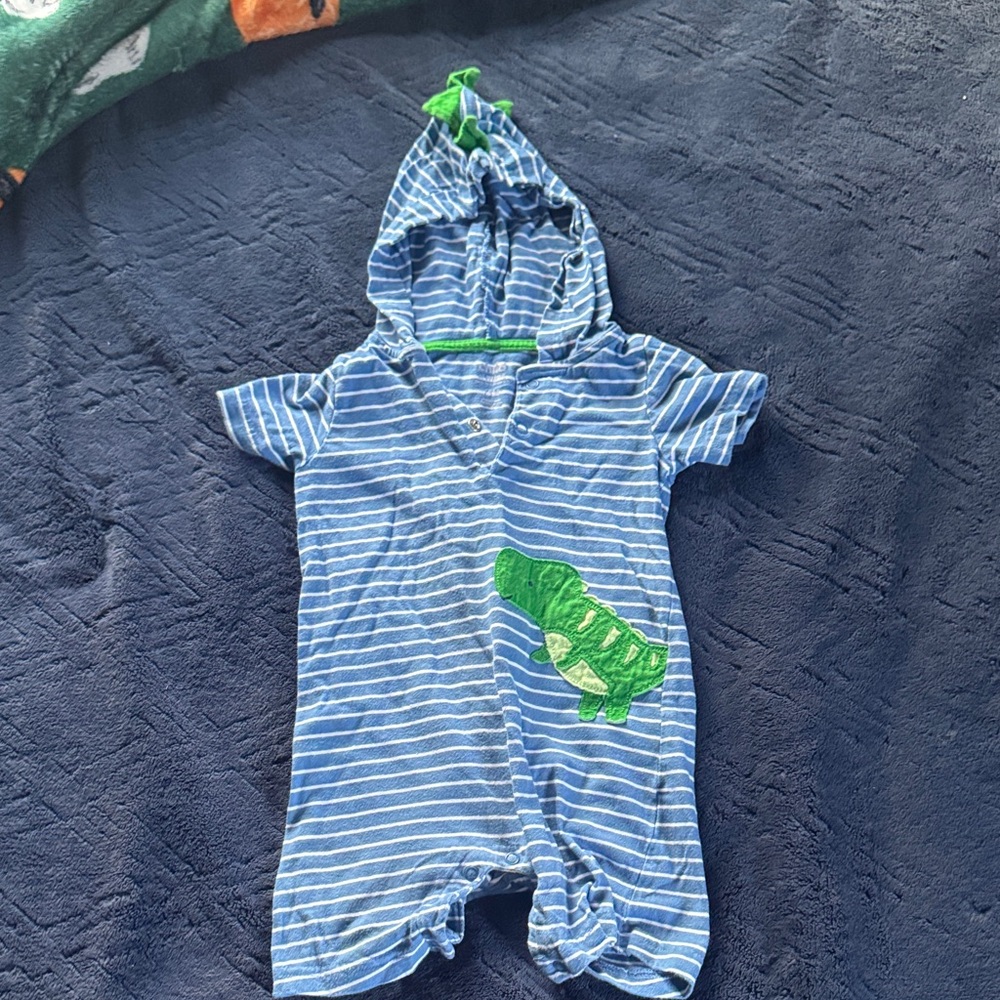 Carter's Blue and Green Striped Hooded Romper with Alligator 18m